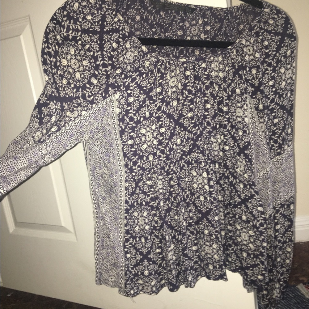 Peach blue floral pattern long sleeve blouse